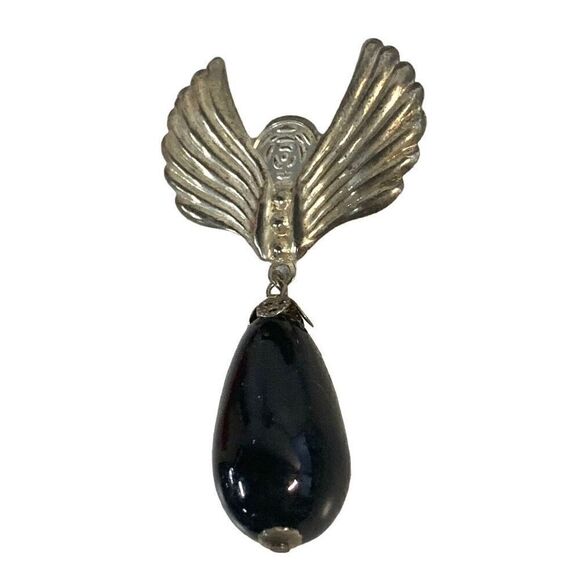 Vintage 3" Silver Tone Wings, Flower with Black Dangle Bead Brooch - Picture 2 of 5
